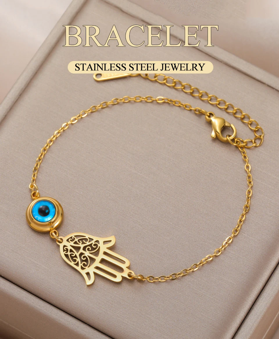 Dawapara Hamsa Böser Blick Armband Hand der Fatima Schutz-Talisman Glücksbringer Edelstahl-Schmuck – Detail 1