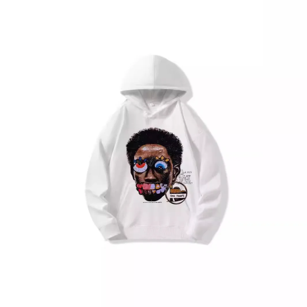 Y2K European and American Street Hip Hop Big Head Cartoon Pattern Winter Solid Color Print Loose Shoulder oversized hoodie