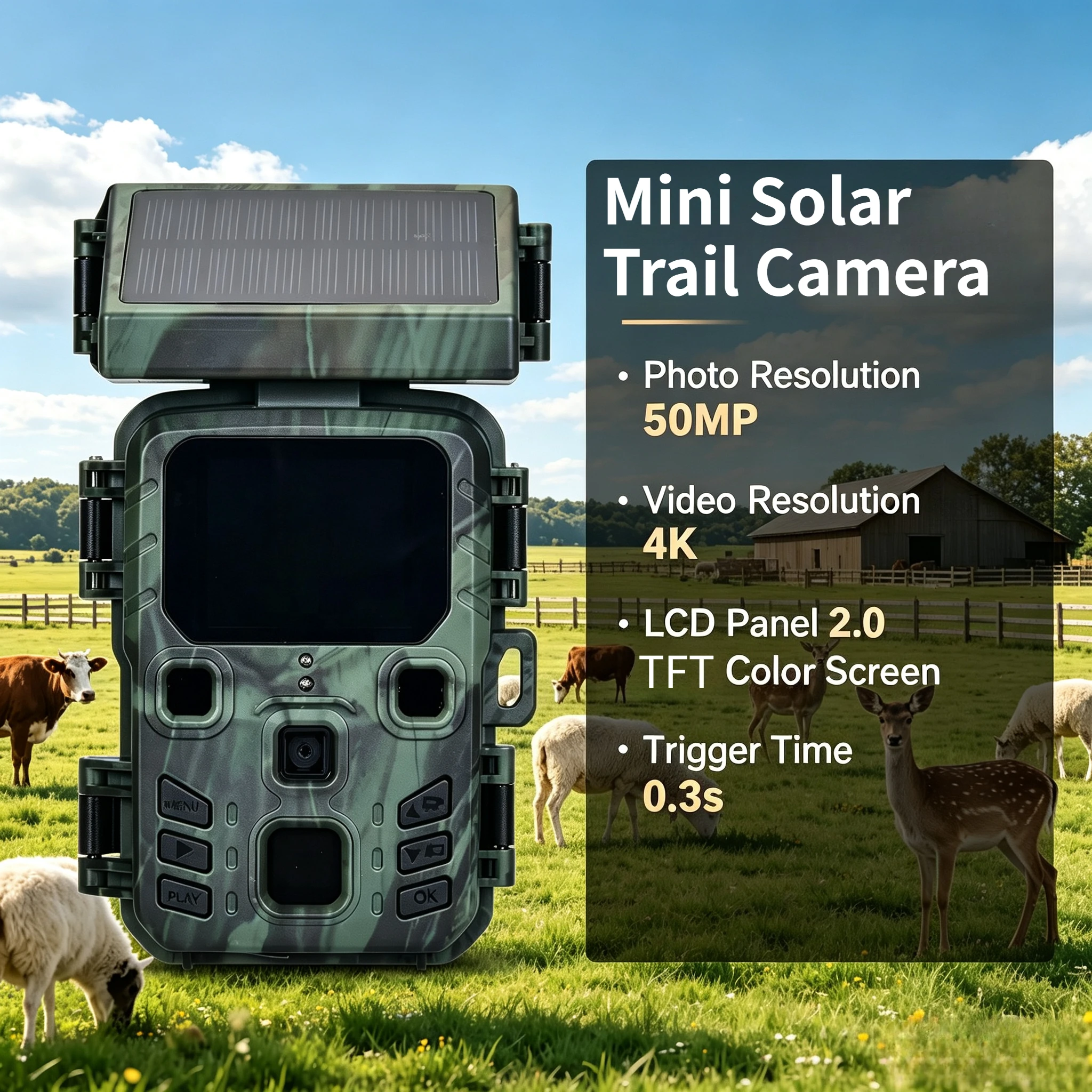 Trail Camera Infrared - Mini Güneş Enerjili 4K 50MP 0.3s