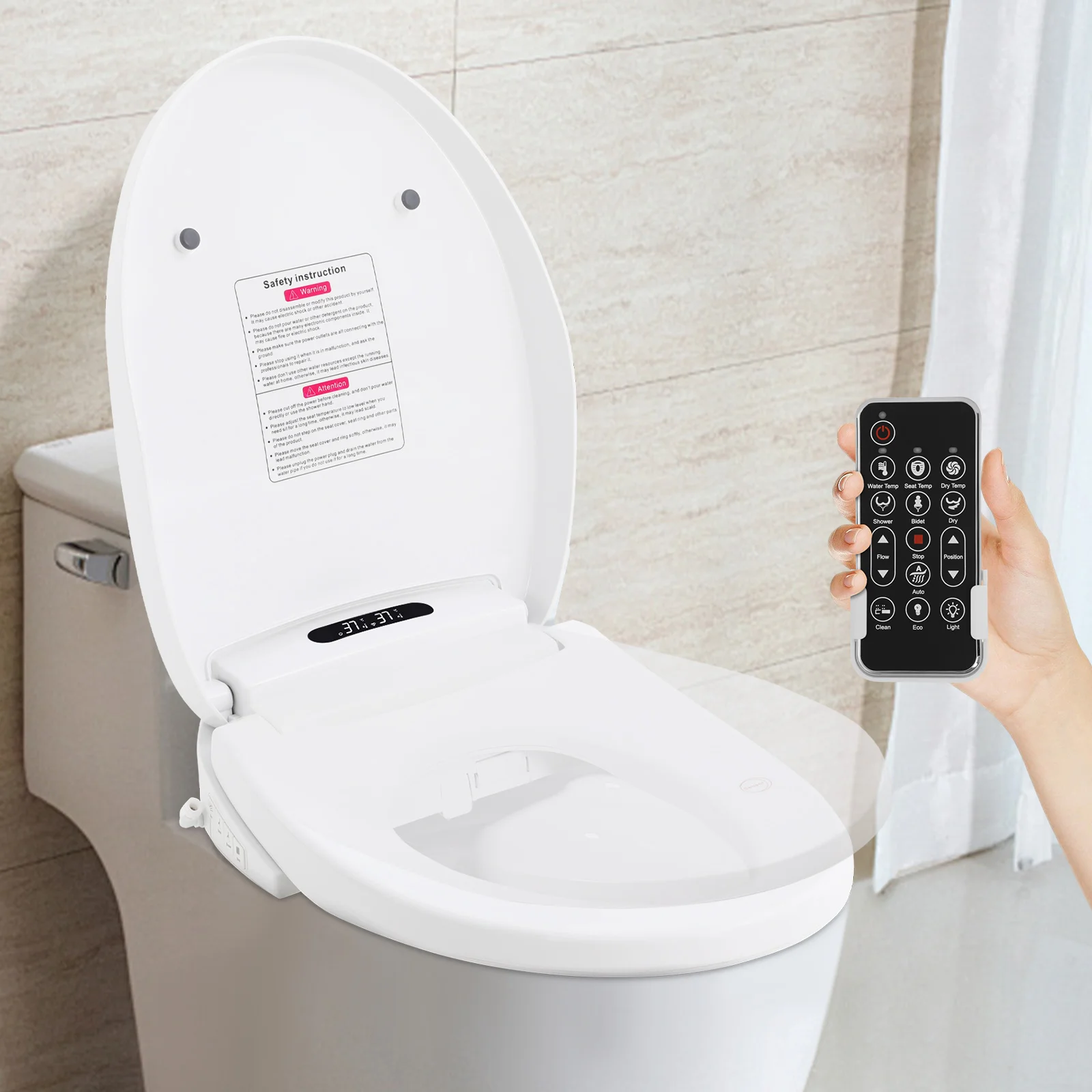 Siège de toilette chauffant intelligent 1300W, couvercle de toilette électrique 51cm, siège intelligent en V, lumière LED, télécommande/boutons