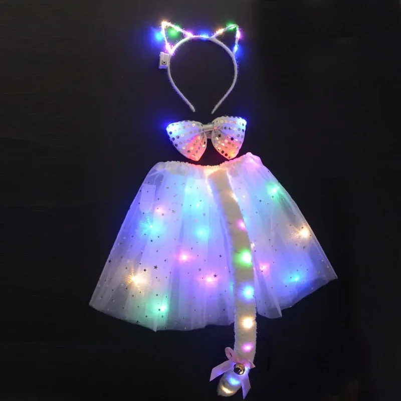 LED Glow Light Up Kids Girl Women Tutu Skirt Party Cat Ear Headband Tie Tail Fox Treat or Trick Costume Christmas New Year