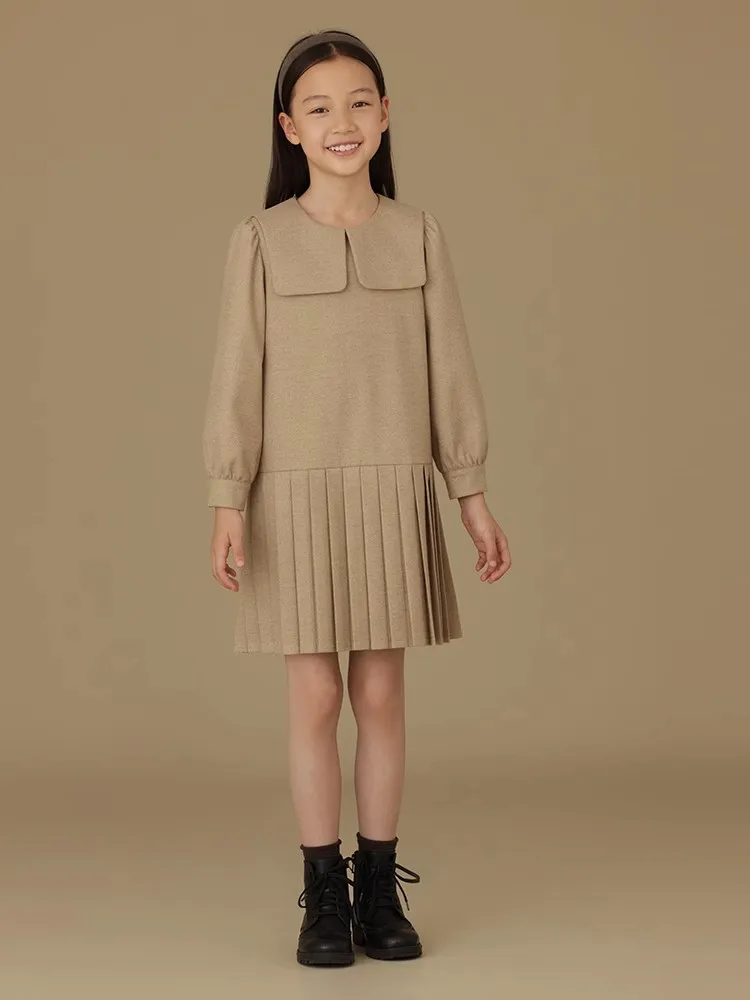 Girls Dress Korean Fashion Dress for Girls Spring Antumn Casual Princess Long-Sleeve Large lapel pleated Dresses Girls Clothings