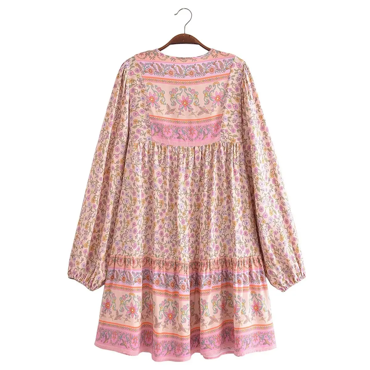 Boho Queens Women Pink Floral Print Beach Bohemian Dresses Mini Dresses Kaftan Lady Summer Rayon Happie Dress Robe Vestidos