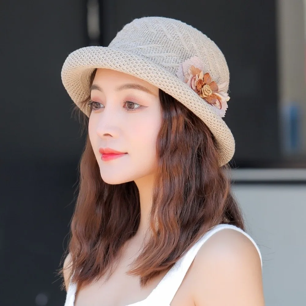 أنيقة تنفس القش دلو القبعات قبة مع عقدة زهرة سلة مغزولة قبعة ظلة قبعة السفر #2