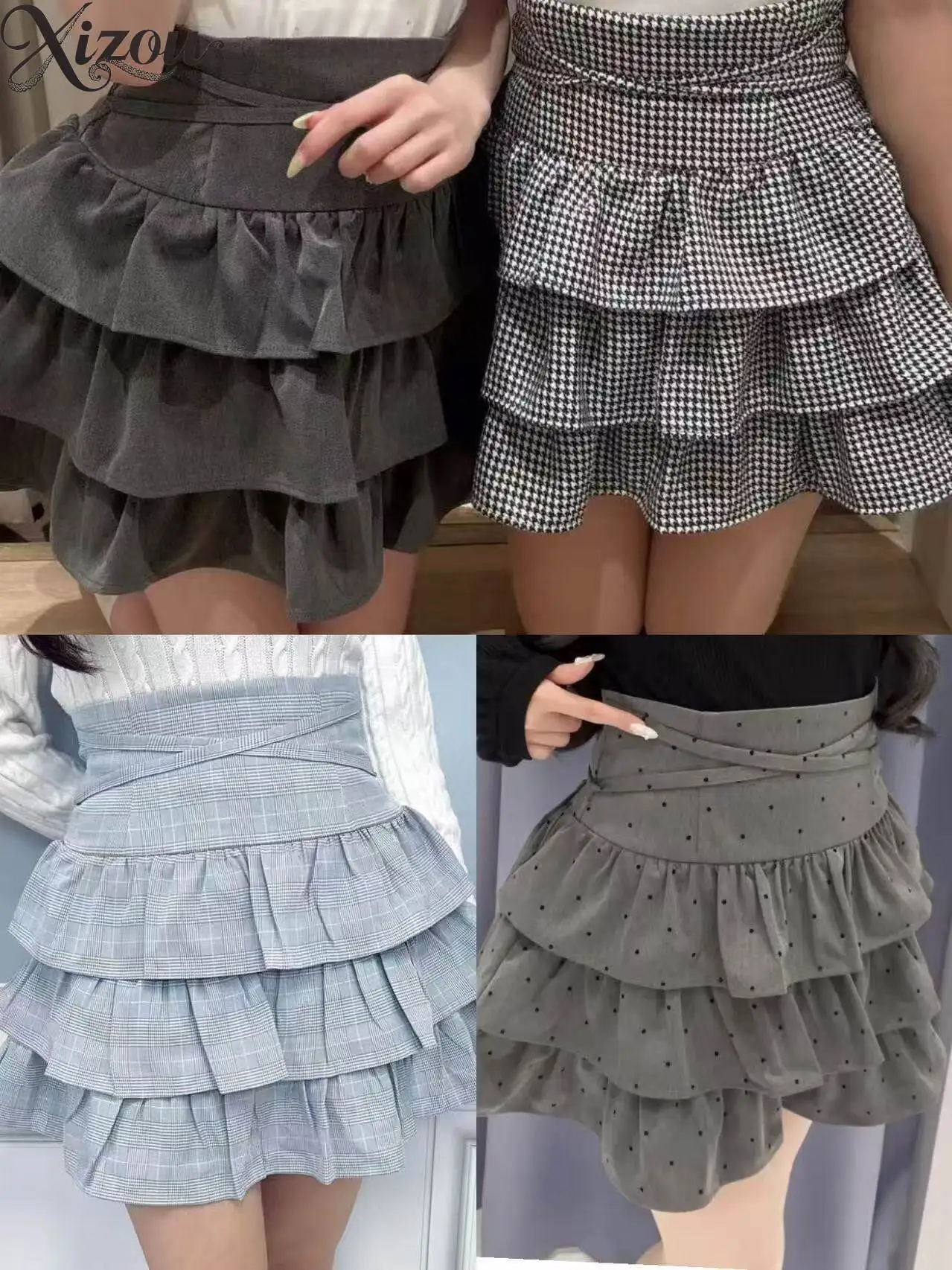 Women Gray Plaid Polka Dot Crisscross High Waist Tiered Ruffle A-Line Cake Mini Skirt Sweet Preppy Casual Short Skirt Summer