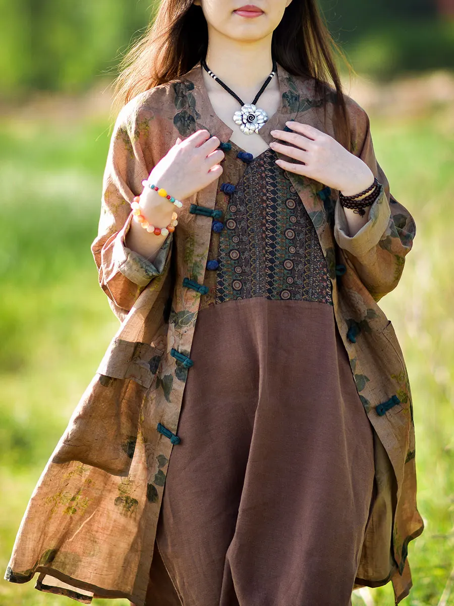 

Thin Pure Flax Mid-Length irt Women's Retro Loose Chinese Sle Sun Protection Top Early Autumn New Arrival Commute Faion