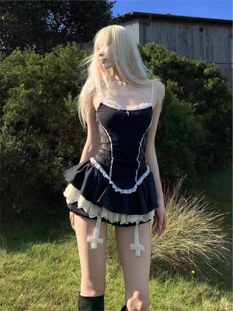 

Summer Subculture Lace Patchwork Suit Women High Street Y2k Sling Off Shoulder Tops Gothic Retro Short Thin Skirt Set Outfits