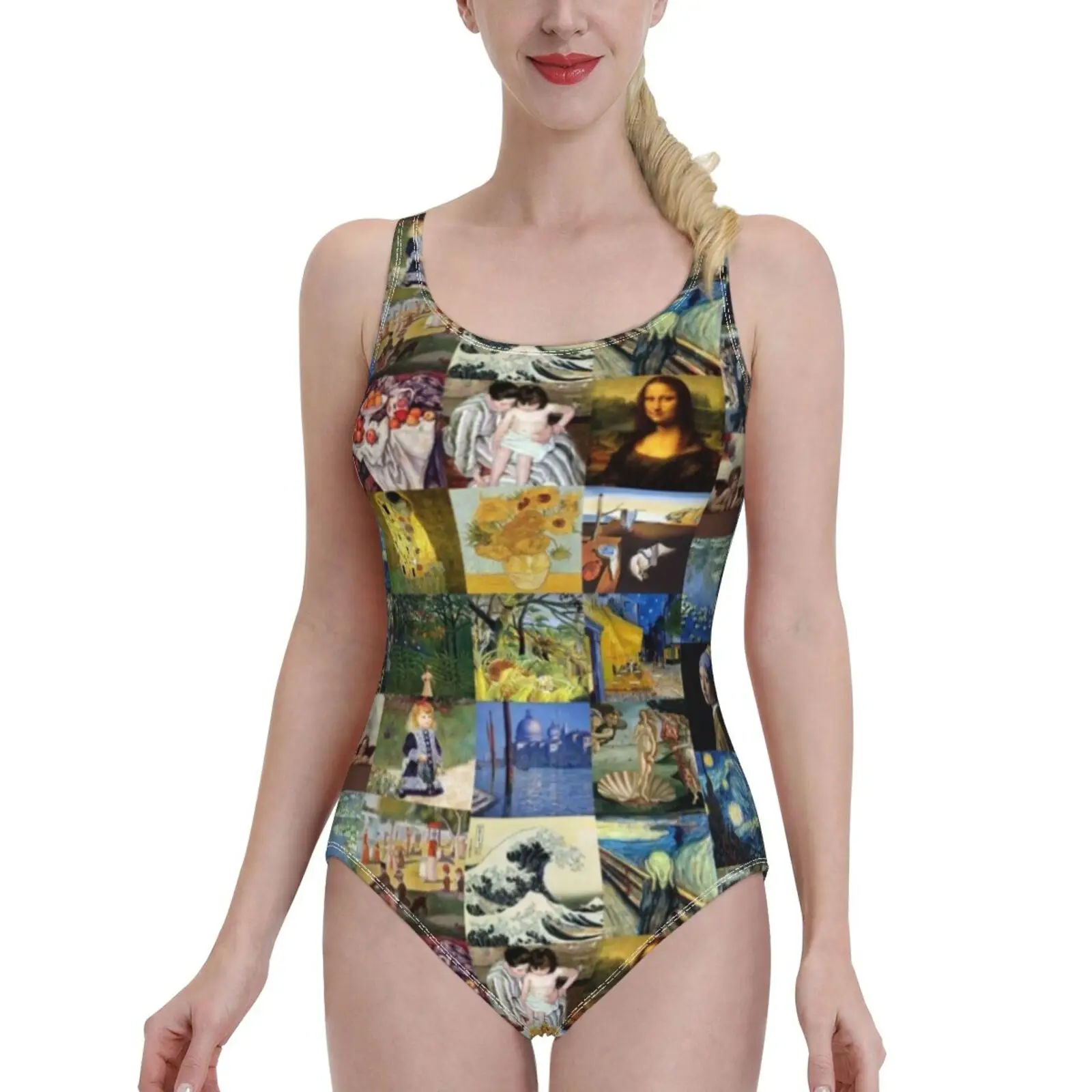 Famous Artwork Women Swimsuit One Piece Backless Swimwear Sexy Beach Wear Summer Bathing Suits Leonardo Da Vinci Mona Lisa