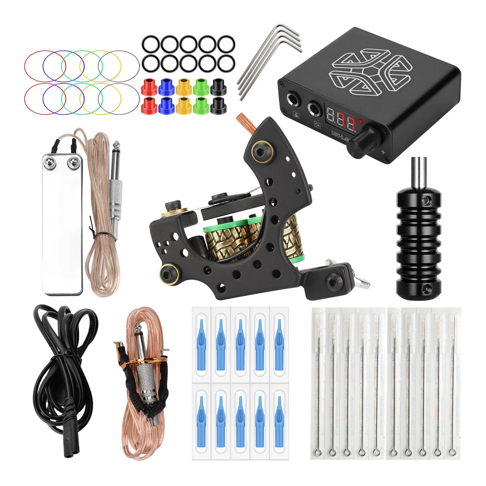 

JimKing Tattoo Complete Tattoo Kit for Beginners Power Supply Foot Pedal Needles Grips Tips Pro Coil Machine Guns