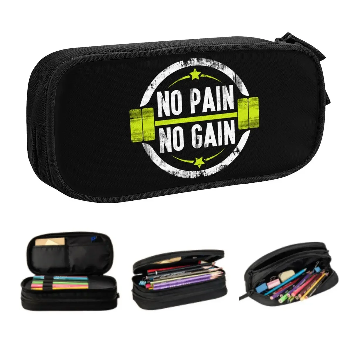 Custom No Pain No Gain Pencil Case for Boy Girl Large Capacity Bodybuilding Fitness Gym Pen Box Bag School Supplies
