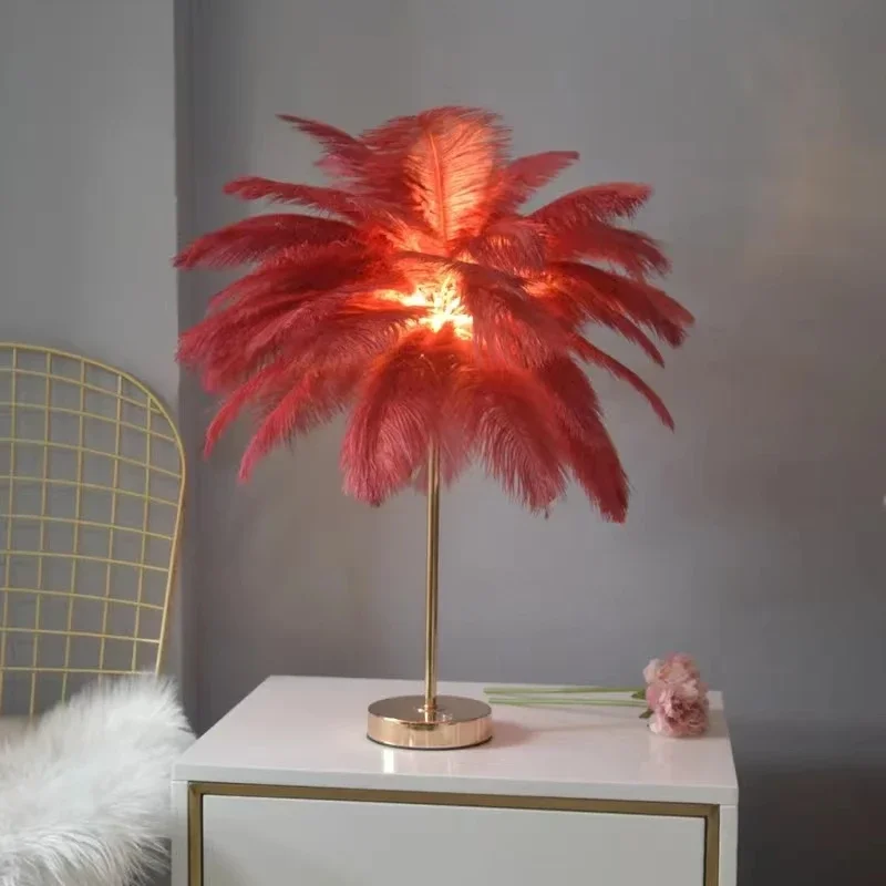

Modern nordic feather tree lamp ostrich feather table pink white bedside lamps romantic feather table lamp for wedding