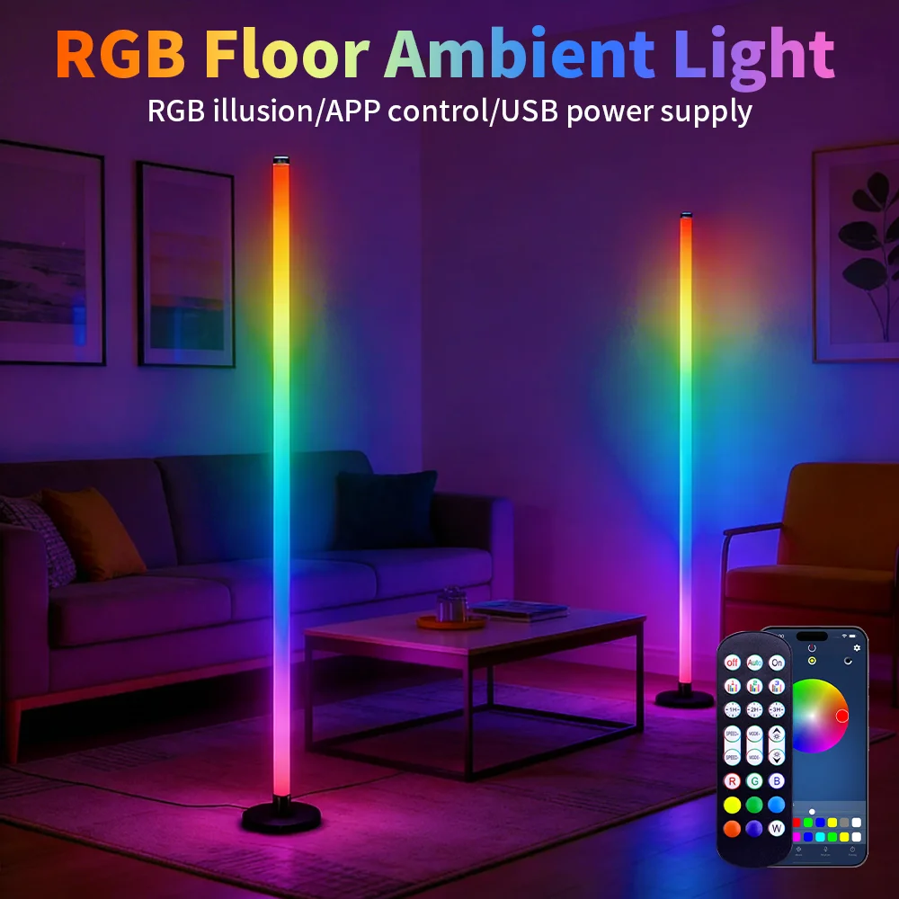

RGB LED напольный светильник с изменением цвета, угловой светильник с синхронизацией с музыкой, ночник с питанием от USB, атмосферное освещение для гостиной и спальни.