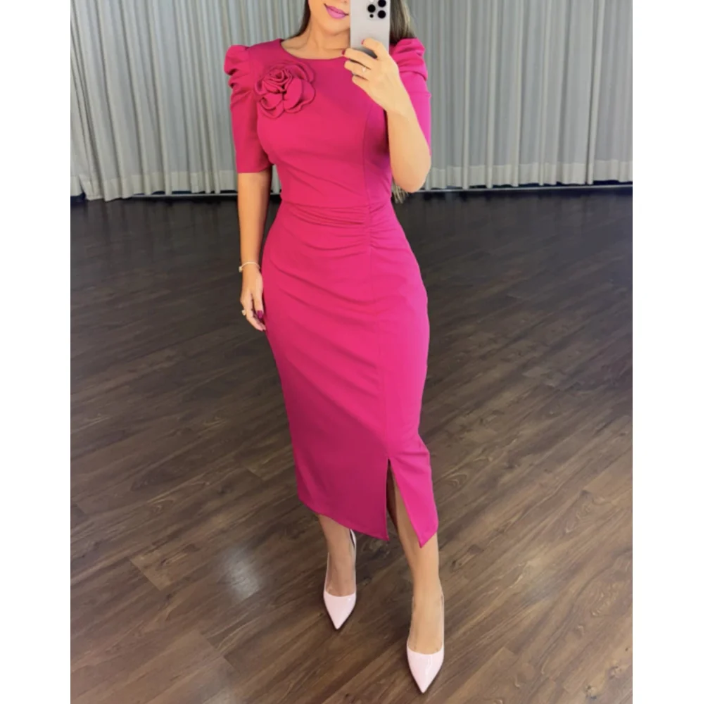 พัฟแขนBodyconชุดราตรียาวElegantชุด 3Dดอกไม้ตกแต่งRobe Longue Femme HemแยกMidiชุด