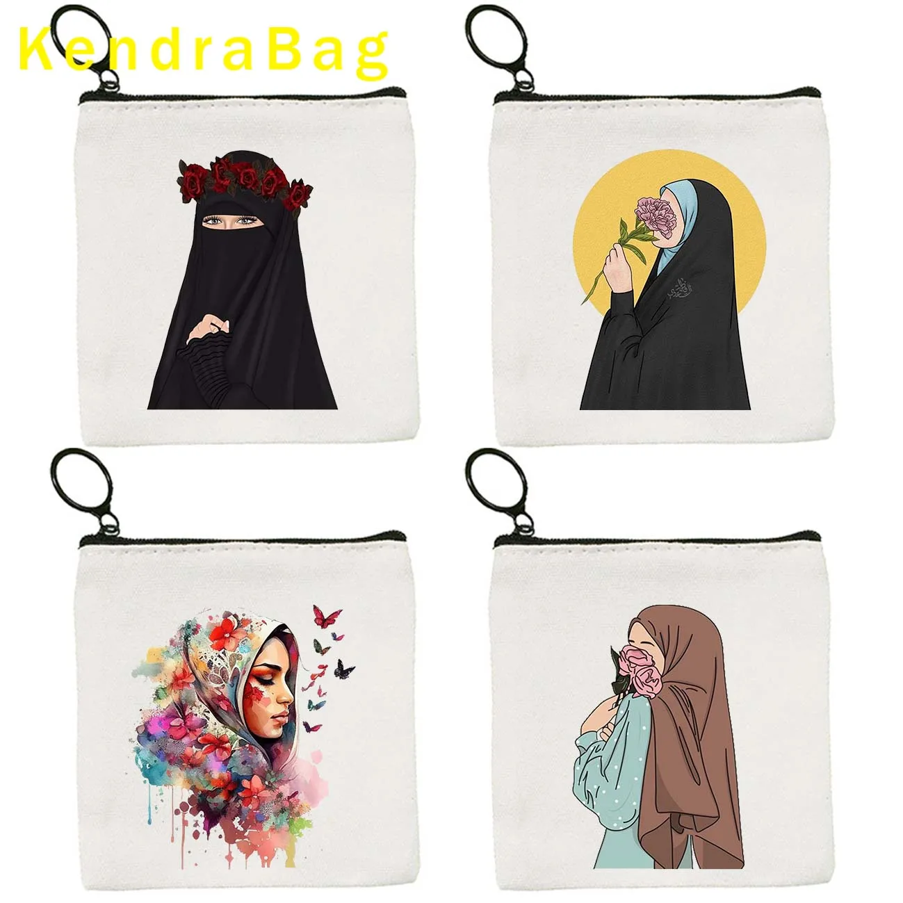 Watercolor Floral Muslim Hijab Women Muslim Islamic Islam Arabian Key Coin Purse Canvas Bag Pouch Cotton Bag Wallet Zipper Gifts