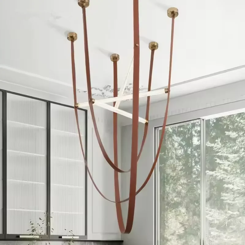 Duplex Leather Chandelier Glass Tube Light DIY Living Room Villa Suspension Luminaire Coffee Restaurant staircase chandelier