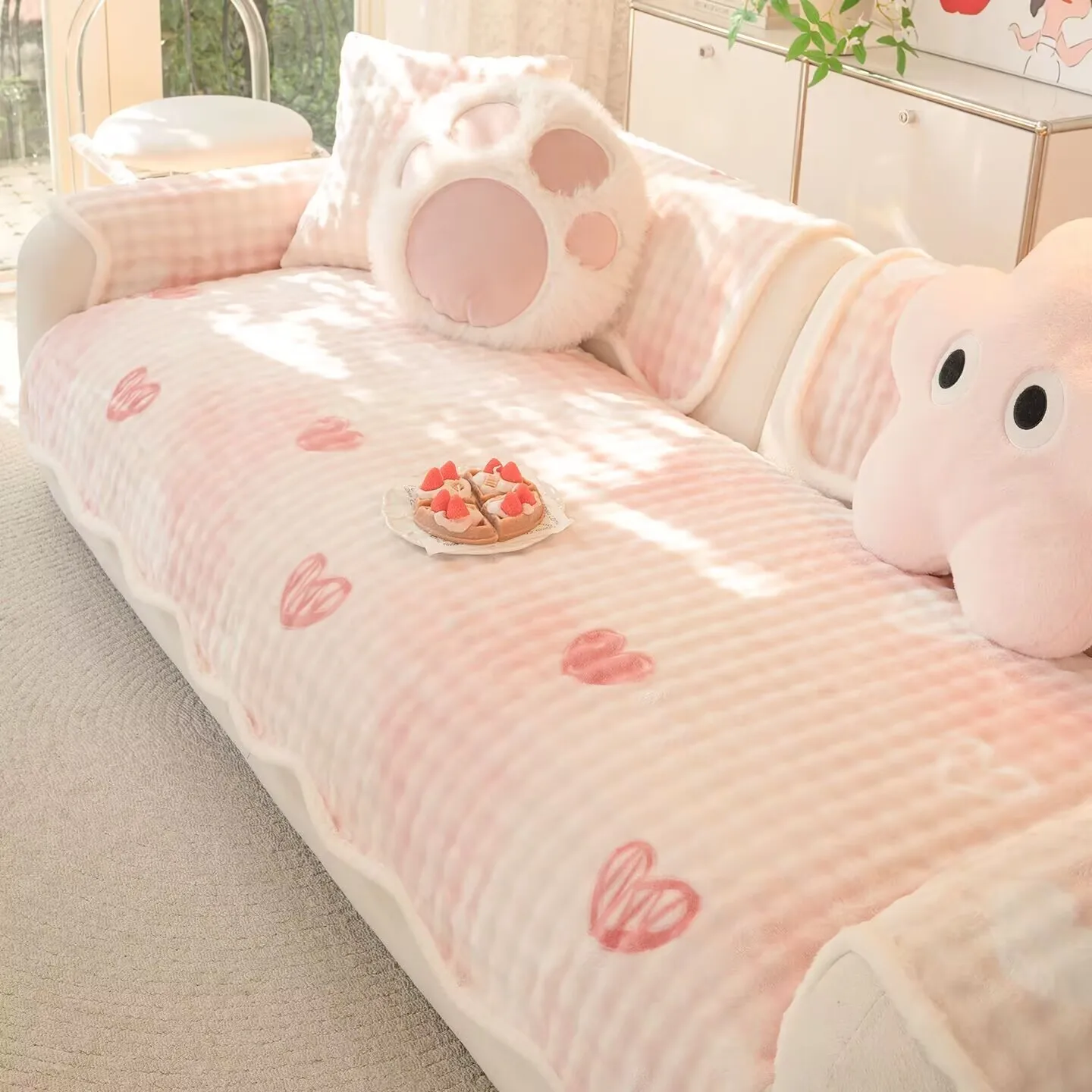 Non-Slip Milk Velvet Sofa Cushion Pads Thickened Cartoon Polka Dot Full Coverage Couch and L Shaped Sectional Sofa Dust Cover