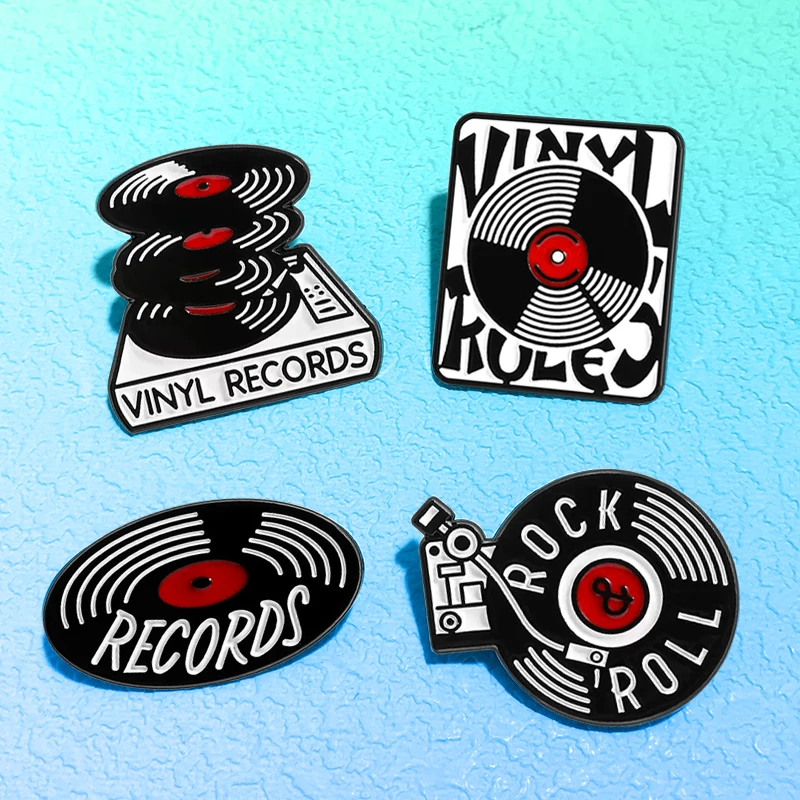 Cartoon Vintage Records Pins 4-design Enamel Rock Roll Record Player Brooch For Clothes Backpack Metal Pin Badge Friends Gifts