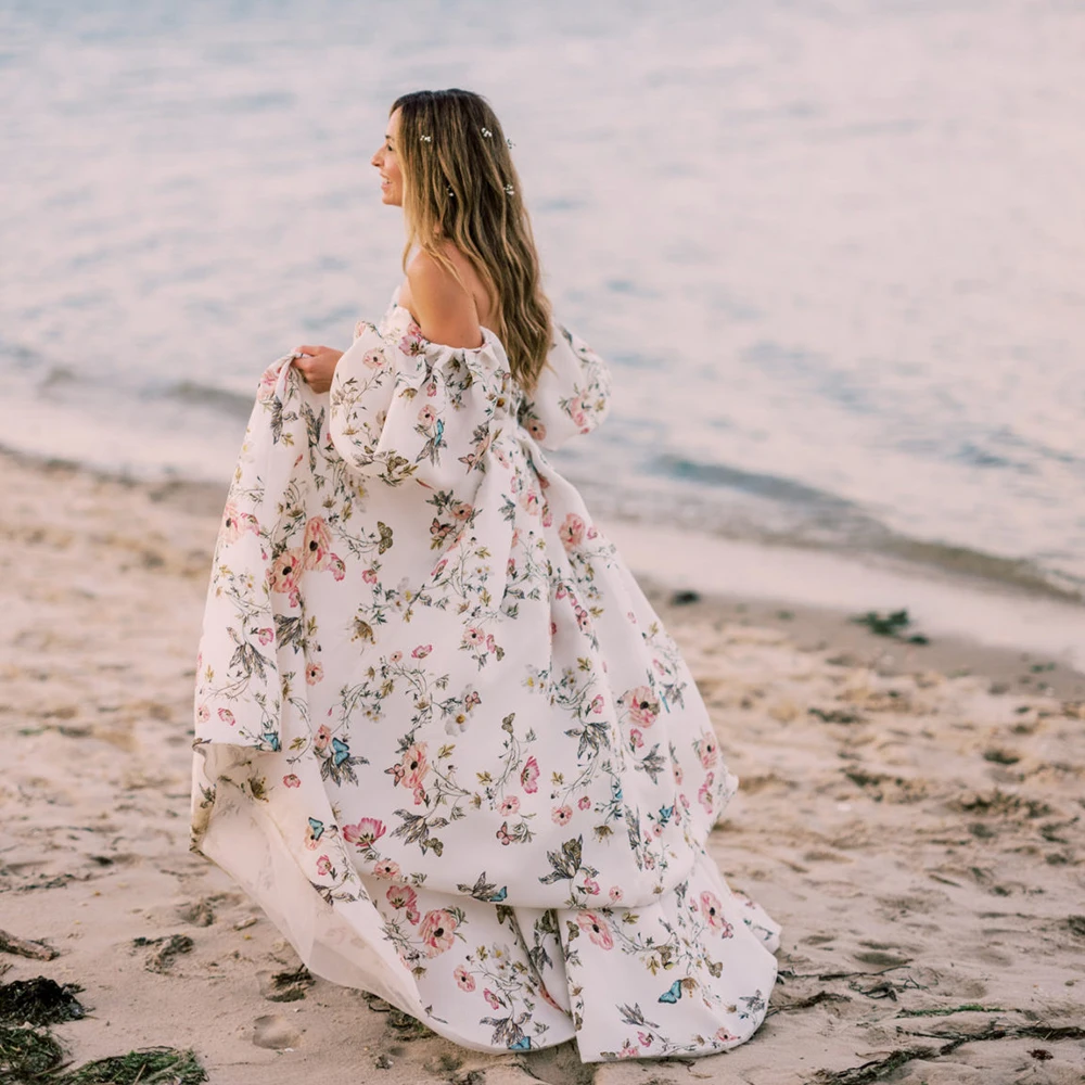 Vestido de novia de manga larga con estampado Floral, cola capilla dividida alta, mariposa fruncida, elegante vestido de Boda de Princesa personalizado