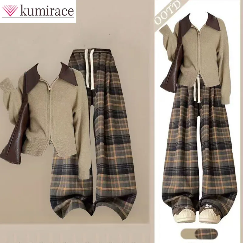 

In the Autumn of 2025, a Complete Set of Fashionable Cardigan Tops Paired with Slim Plaid Straight Leg Wide Leg Pantspant Sets