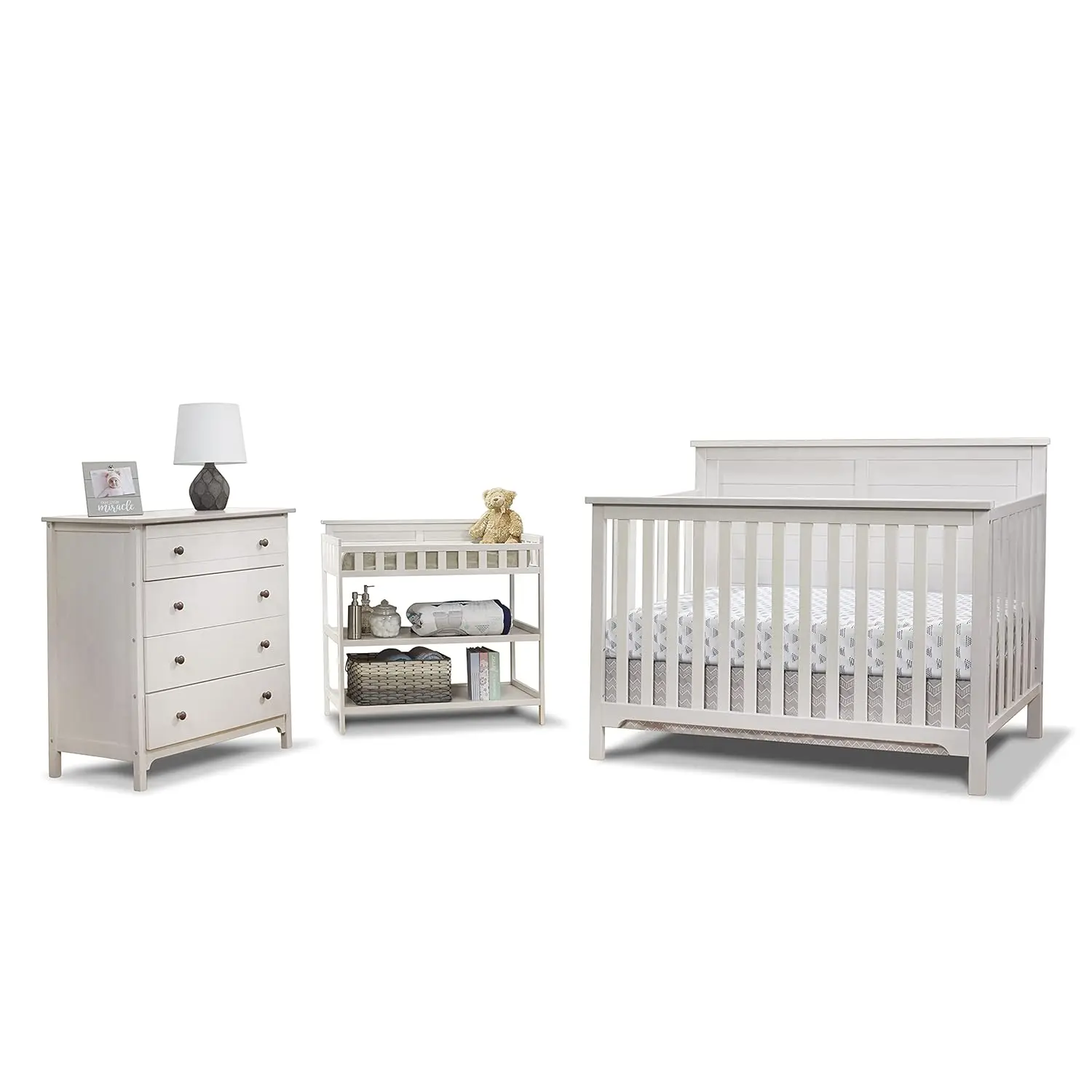 Sorelle Furniture Farmhouse 3-Piece Nursery Set with 4-in-1 Convertible Crib, 4-Drawer Dresser, and Changing Table with Shelves,