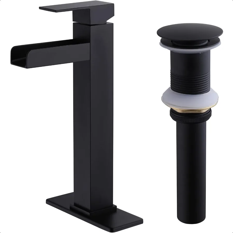 

Brass Black Bathroom Faucet with Pop Up Drain Waterfall Single Handle Faucet Bathroom Sink Faucet RV Bathroom Vel Basin Faucet
