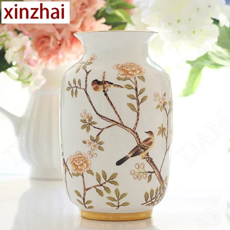 Modern Bone China Vase Manual Painted Little Bird Decor Flower Vases European Art Living Room Desktop Dried Flowers Organizer