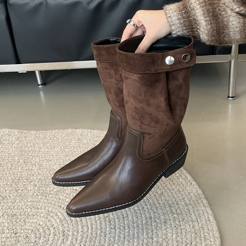 

Women Knee High Boots Autumn Winter Female Shoes Fashion Female Slip-on Folds Low Heel Round Toe Flat Long Boots Botas De Mujer