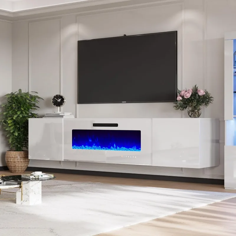 

Floating Fireplace TV Stand,Wall Mounted Mirrored Entertainment Center with 40" Electric Fireplace, Modern LED Lights, All White