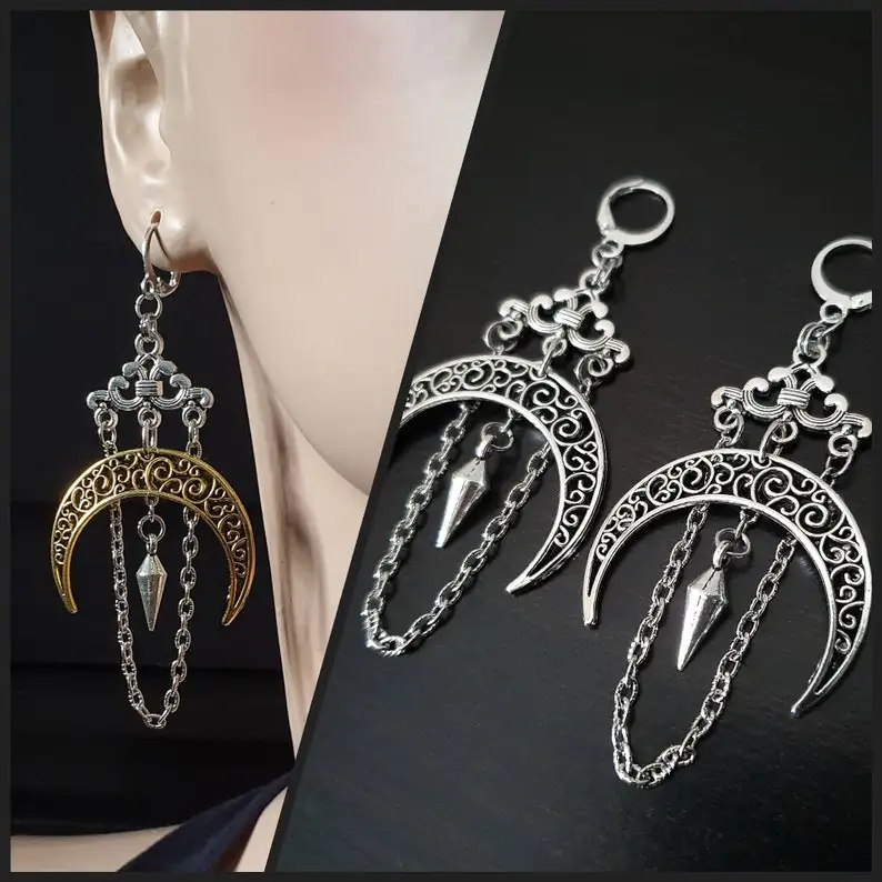 Large Boho Crescent Moon Earrings with spikes, Gothic gypsy moon, Modern witch, Elegant wicca, Hippie witch Gothic boho