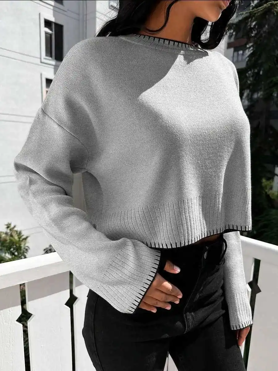 

Loose Pullovers Knitted O-Neck Full Sleeve Jumpers Y2k Streetwear Elegant Splice Knit Autumn Winter Short Casual Women Sweaters