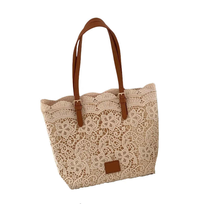 

2025 Summer Women's Lace Tote & Shoulder Bag - Casual Chic for Beach & Commute, Faux Leather Handles
