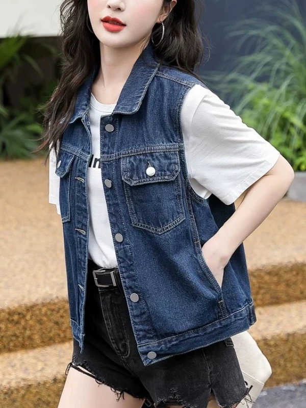 Casual Korean Style Women's Denim Vest Sleeveless Outerwear Versatile Size Small Match All Jeans Washed Effect  Collar