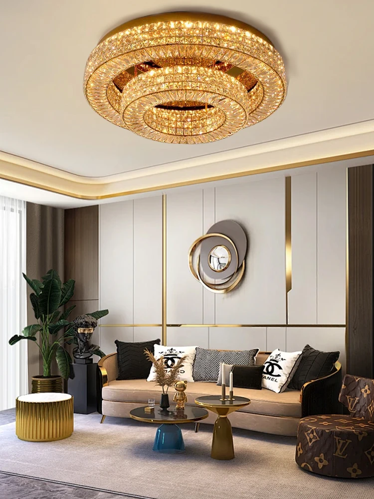 

Luxury Modern Living Room Crystal Gold Ceiling Lamp Led Two Tier Roof Light Fixture Round Home Appliance Lamparas Lustres