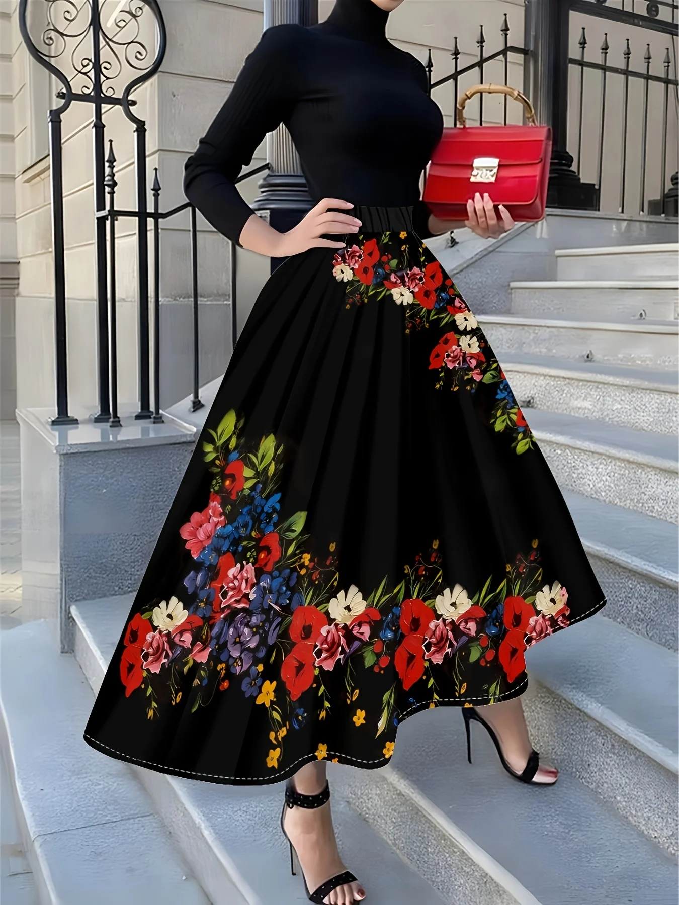 

Юбка с цветочным принтом, черная, плиссированная, в повседневном стиле, на все сезоны.