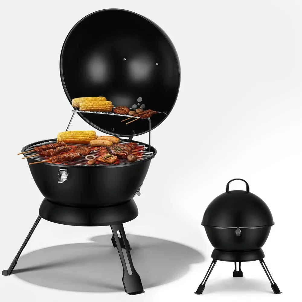 

14-дюймовый портативный гриль для барбекю, небольшой уличный гриль с двойной системой вентиляции и подставкой для подогрева для пикника, кемпинга, заднего двора,