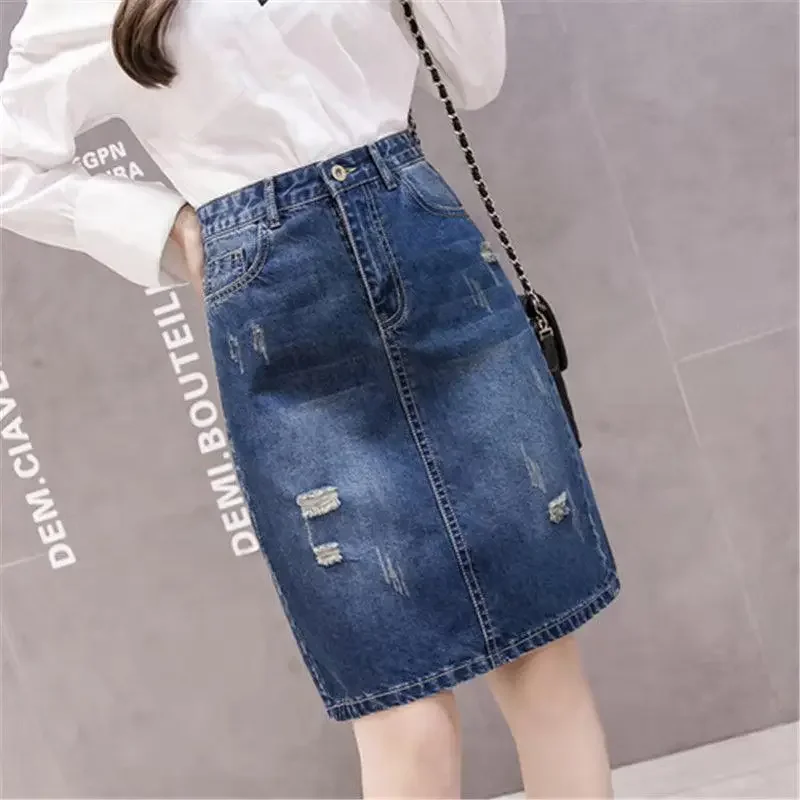 Chubby To Knees Length Midi Jeans Skirts for Women Woman Denim Skirt Ripped with Pocket Modest Harajuku Clothing Sales Premium V