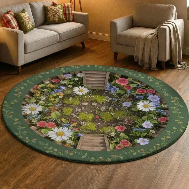 2D Illusion Secret Garden Round Rug Spring Wooden Gate Flower Print Soft Non-Slip Carpet Enchanted Garden Themed Floor Mat