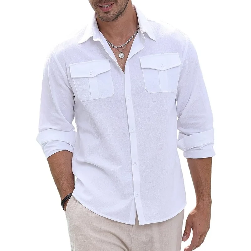 

Men's Linen Shirt Button down Shirt Summer Beach Casual Shirt Solid Color Cotton Long Sleeve Shirt Top