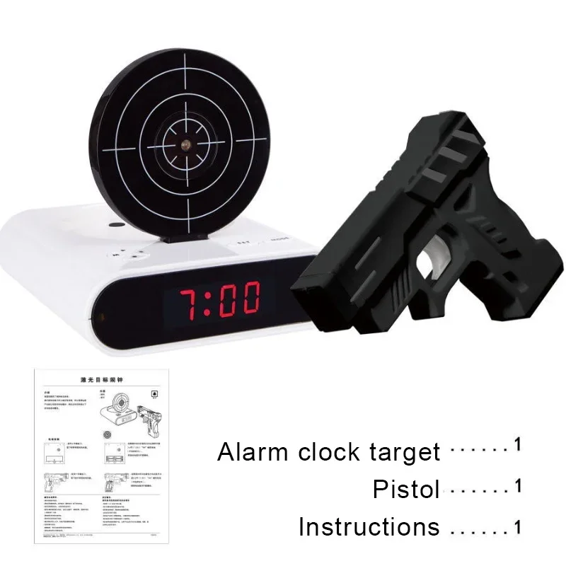 Target Shooting Electronic Alarm Clock, LED Pistol Shooting Student Lazy Recording Alarm Clock, Gun Model Desk Clock Digital