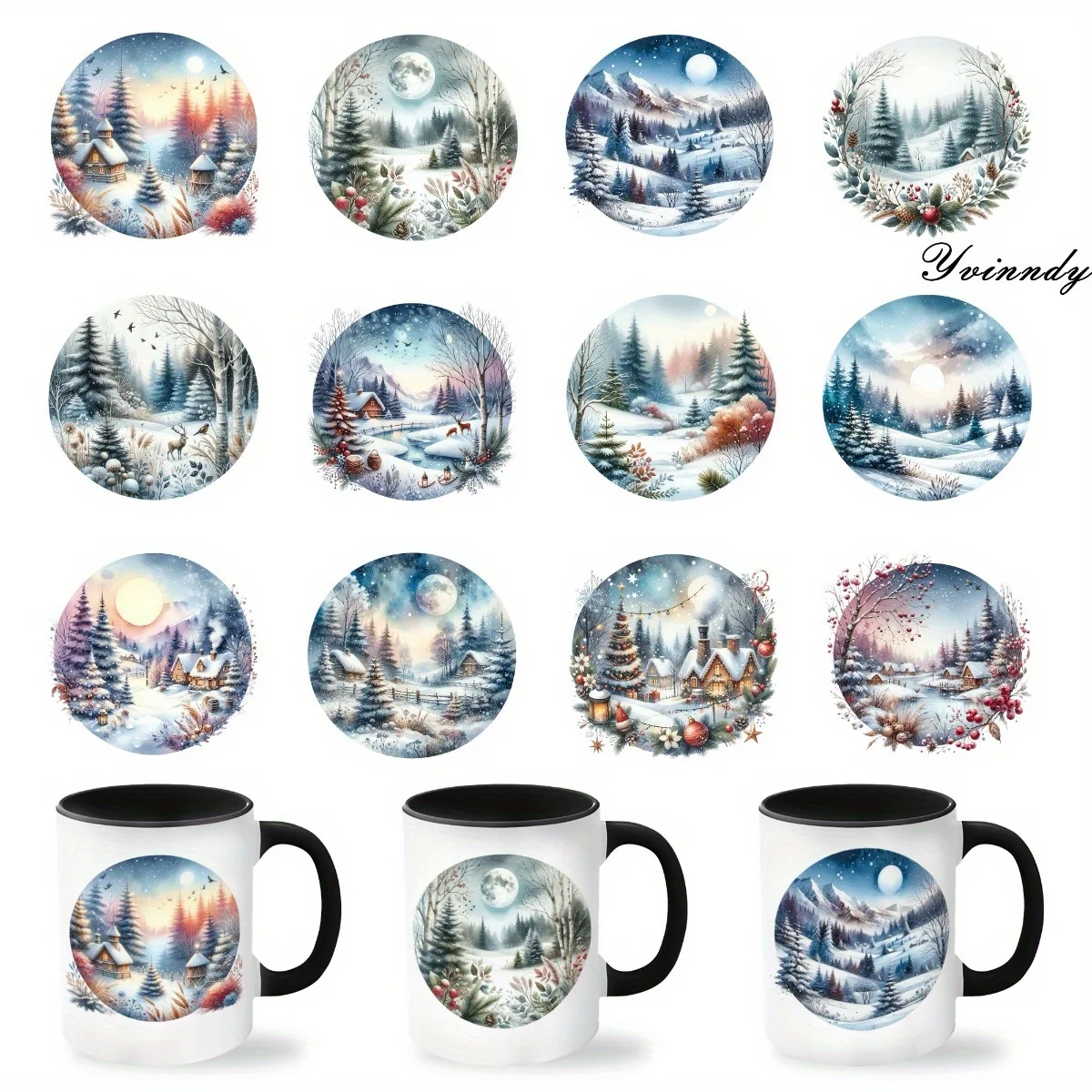 12Pcs/Set Christmas Snow Scenery DIY Glass Jar Packaging Stickers UV DTF High Self-Adhesive Transfer Paper Is Decorating Cups