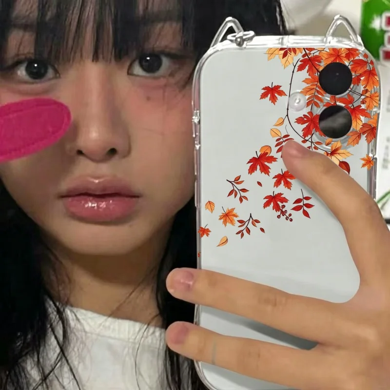 Autumn Leaves Collection Transparent Soft Phone Case For iPhone 17 16 15 14 13 12 11 Pro Max Air 14 Plus Cat Ears Pattern Cover