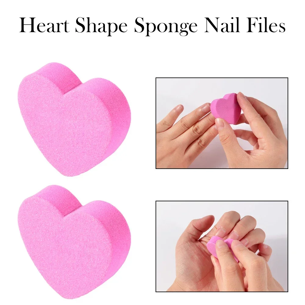 10pcs Heart Sponge Nail Files Blocks 180/240 Double-sided Polishing Sanding Buffer Washable Sandpaper Manicure Tools