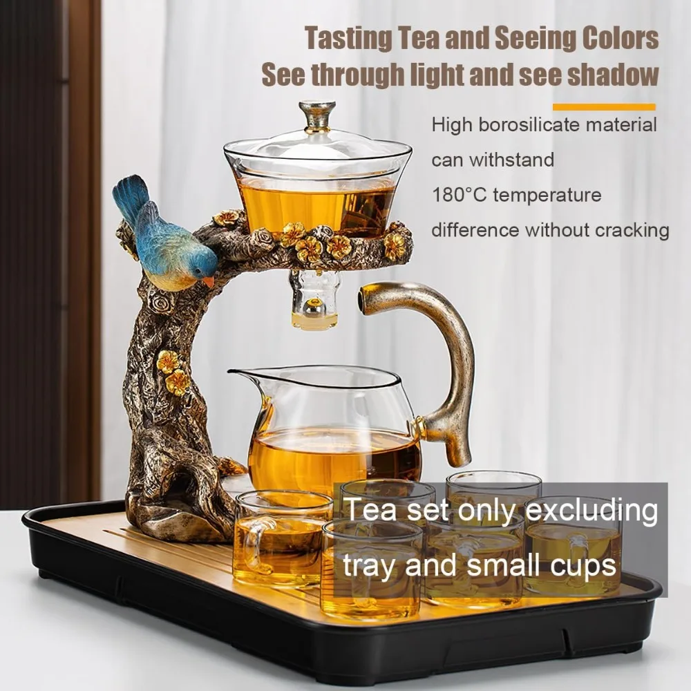 Glass Kungfu Teapot Set Tea maker with Infuser Semi Automatic Drip Rotating Bowl Tea Pot Set Animal Bird Design for Home Office view 6