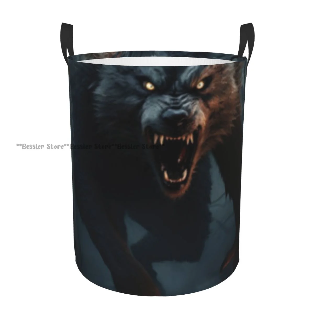 Laundry Basket Scary Wolf With Fierce Expression In Forest Round Storage Bin Collapsible Hamper Clothes Bucket Organizer