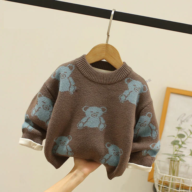 Boys Woolen Sweater Crochet Cotton Windbreak 2023 Bear Warm Thicken Autumn Winter Pullover Plus Size Children's Clothing