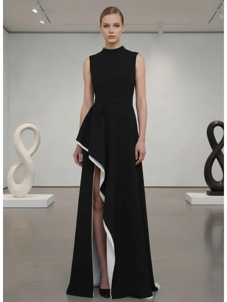 Modern Women's Black Mock Neck Sleeveless Waisted Asymmetric Slit Maxi Party