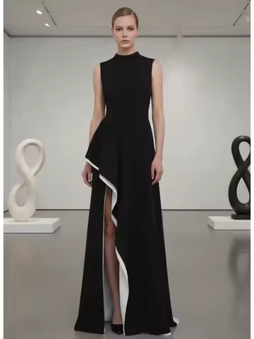 Women's Black Mock Neck Sleeveless Waisted Asymmetric Slit Maxi Party Gown 2026 Summer Elegant Minimalist Evening Dress