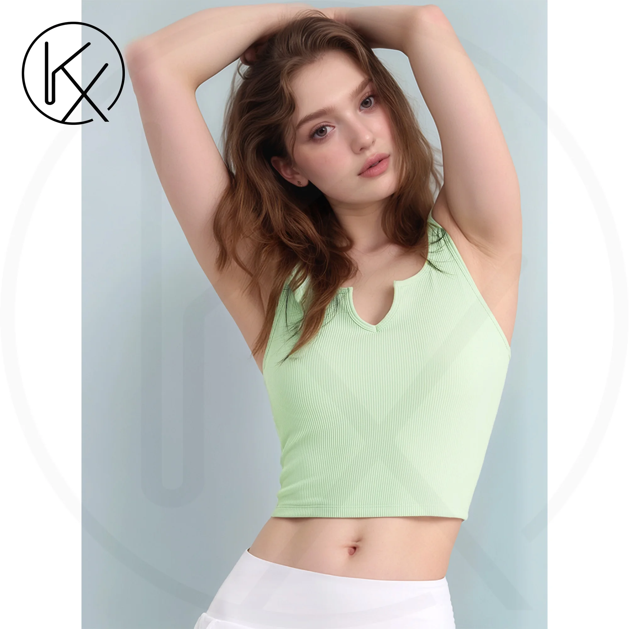 

kaixiggmm Women's Threaded Sexy V-neck Sports Bra Four way Stretching Yoga Bra Semi fixed Cup Sports Top Gym Umbilical Top
