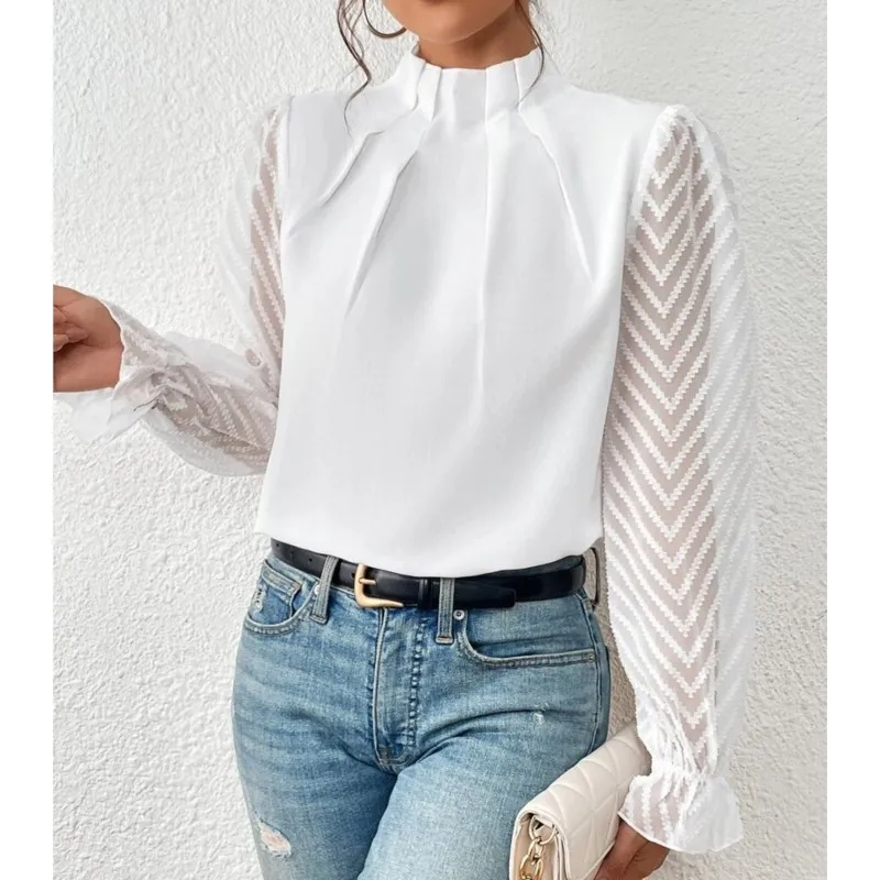 Spring Shirt New Patchwork Wave Pattern Chiffon Long Sleeved Top For Women Elegant Office Lady White Solid Pullover Woman Blouse