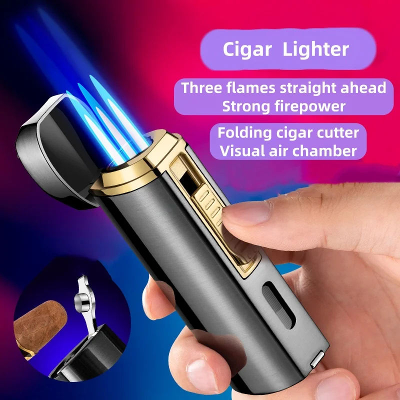 Metal Triple Fire Straight Forward Minimalist Cigar Lighter With Powerful Firepower, Wear-resistant Metal Windproof Lighter